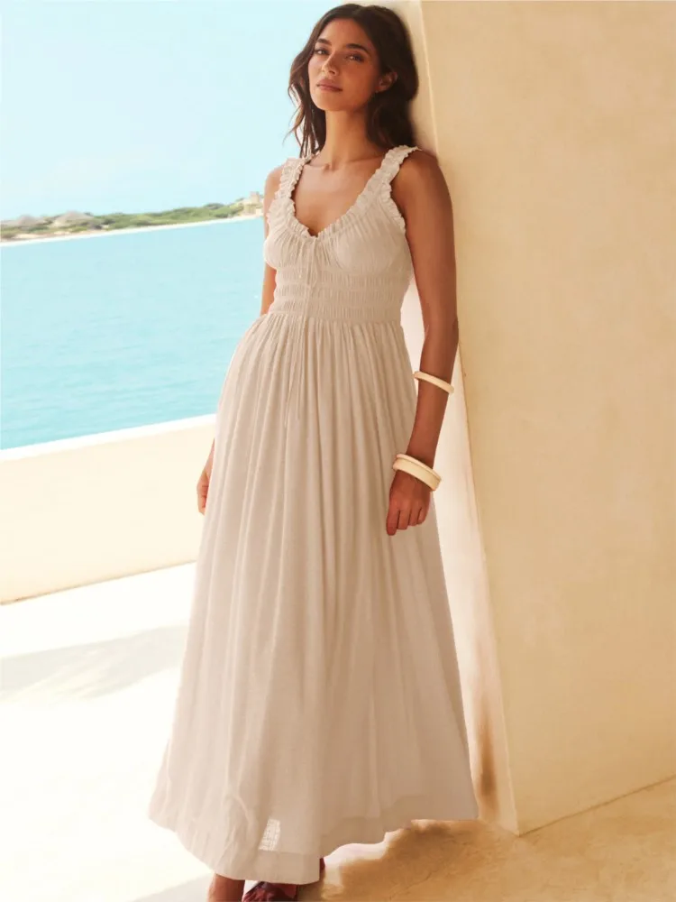 

Fashion Sexy Spaghetti Strap Beach Maxi Dress Woman 2025 Summer Solid Elastic Waist Holidays Party Dresses For Women Robe Femme