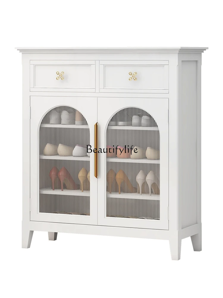 Designer Model Solid Wood White Glass Cabinet Hallway Decoration Multi-Purpose Storage Cabinet