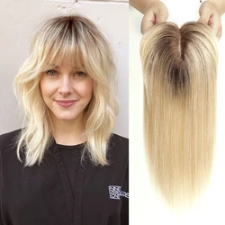 Ombre Brown Blonde Remy Human Hair Toppers Wigs with Bangs Silk Base Clip Pieces in Hair Extension for Women 14inch Topper Hair