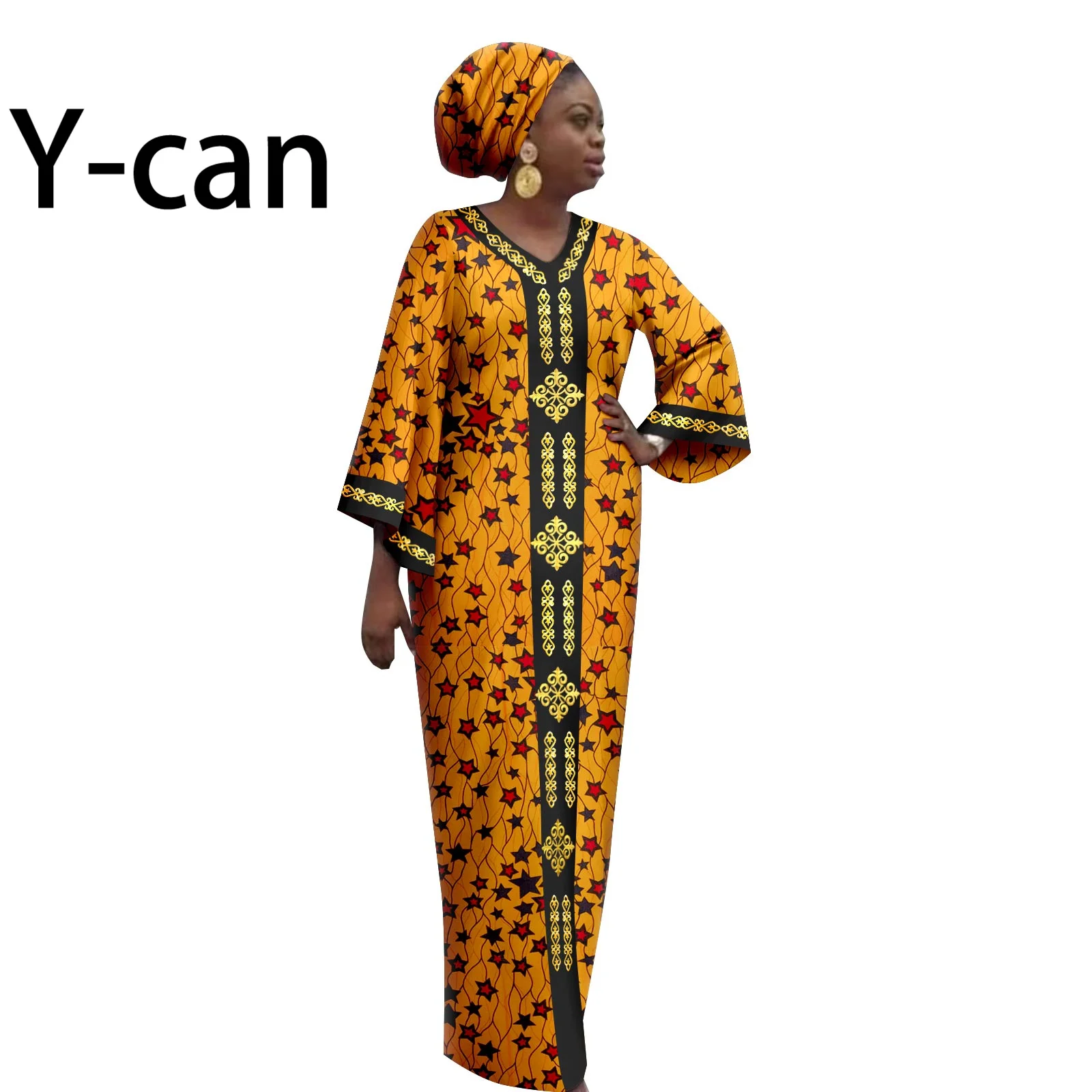 

African Dresses for Women Bubu V-neck Flare Sleeve Embroidery Dress with Headscarf Dashiki Print Party Africa Clothing 2425039