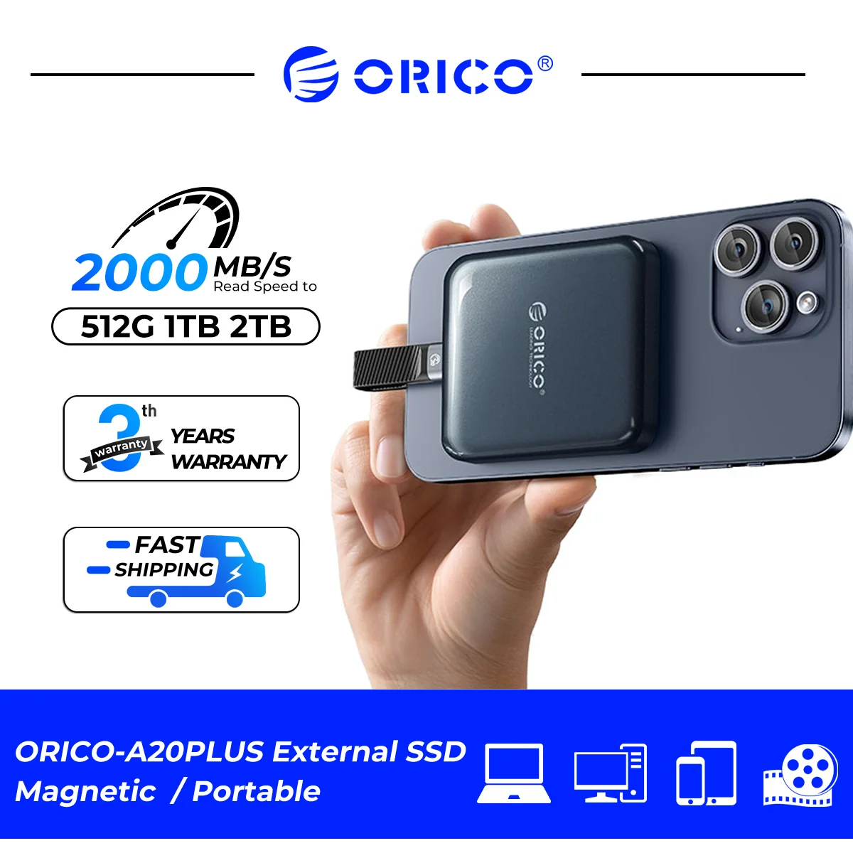 Orico-磁気ポータブル外付けソリッドステートドライブ,SSD,4k prores互換,iPhone 15 proシリーズ用ビデオ録画,USB 3.2, 20gbps