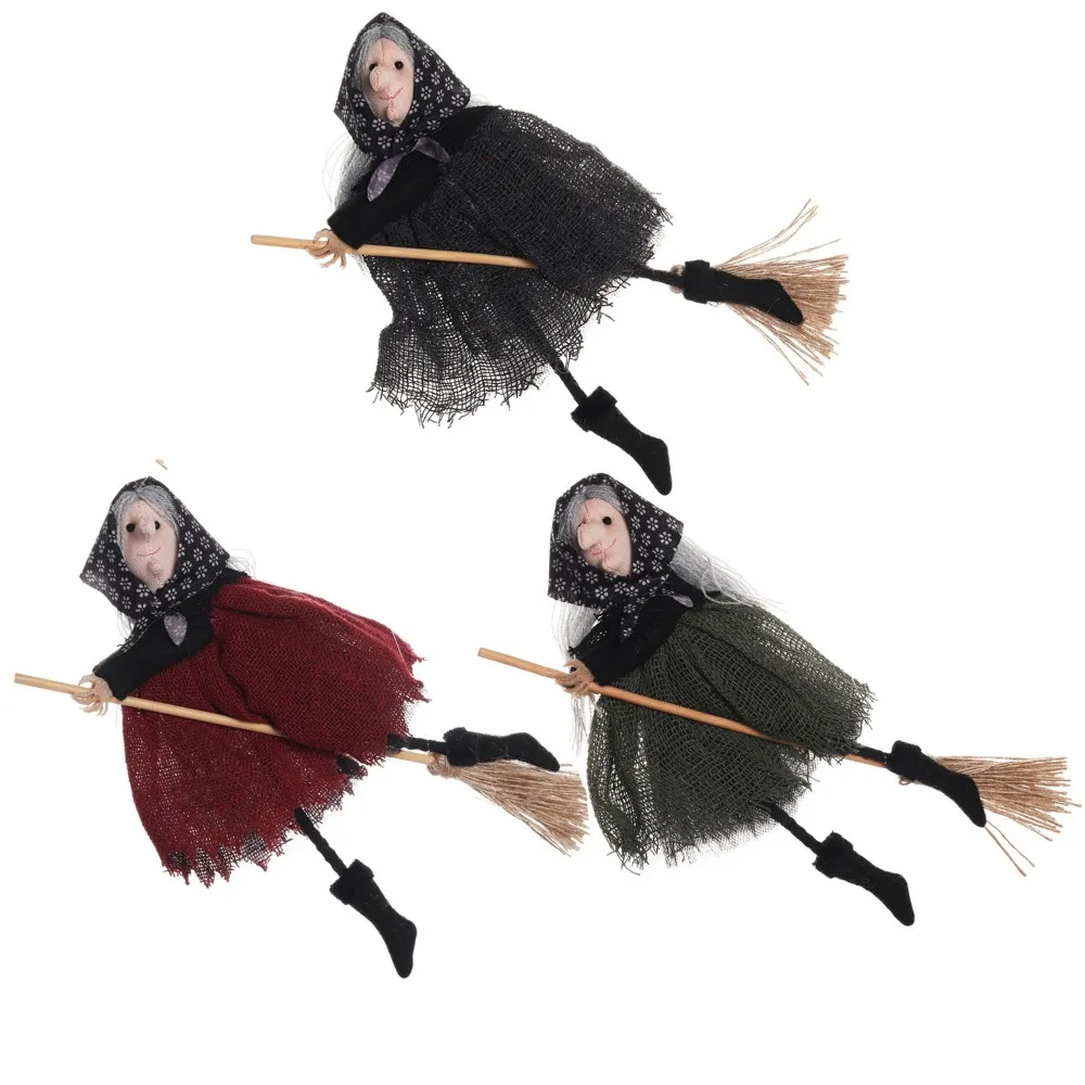 3pcs Holding Broom Halloween Witch Pendant Durable Realistic Cute Witch Doll Cloth Witch Halloween Pendant Decor Ghost Festival