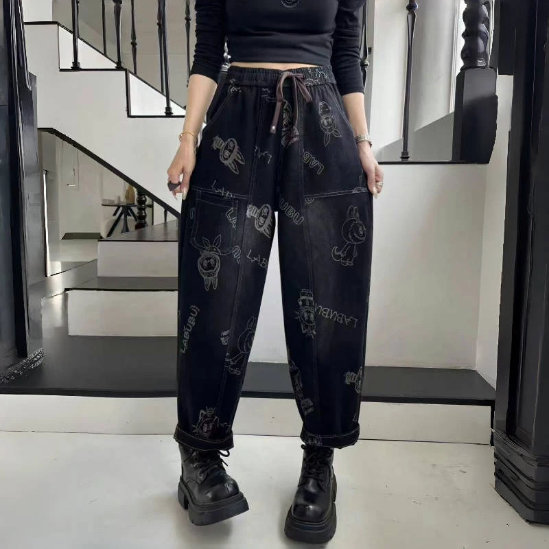 

Женские джинсы с ретро-принтом, на резинке, свободные, длинные, универсальные, стройнящие, брюки-харлан, с высокой талией, из хлопкового стрейч-денима