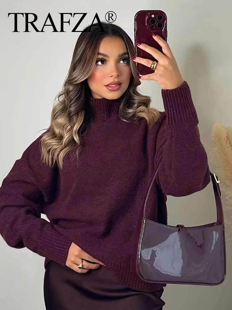 TRAFZA Women Elegant Burgundy Knitted Pullover Sweater Casual Long Sleeve Turtleneck Sweaters Autumn Female Warm Outerwear Top