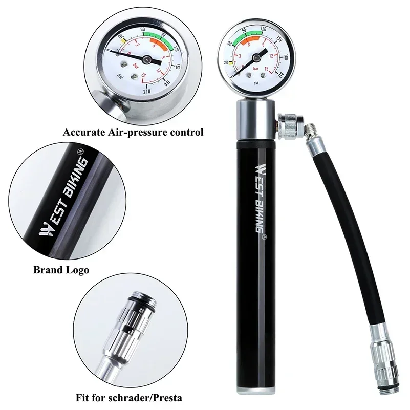 WEST BIKING Mini Bicycle Pump With Pressure Gauge 120 PSI Hand Cycling Pump Presta and Schrader Ball Road Bike MTB Tire Pump