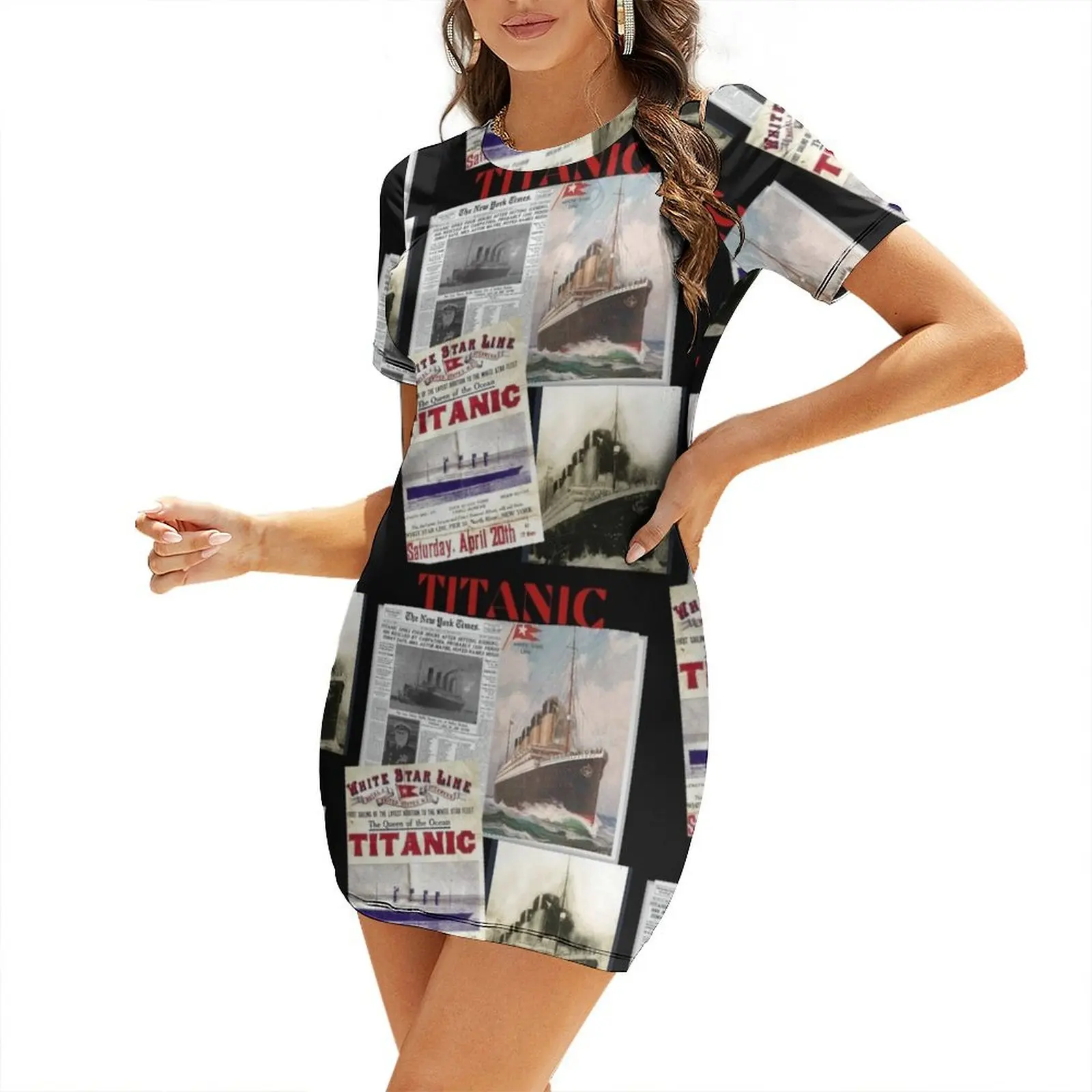 

Titanic,iceburg,white star star liners,ship,sticker,jigsaw Short-Sleeved Dress Dress vintage Dress