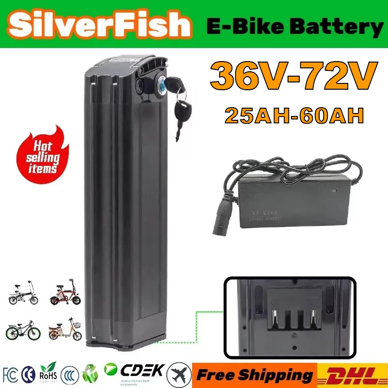 

36v 20Ah 52v 60v 72v 48v 50AH SilverFish Bike Duotts S26 48 Volt Batterie Vélo Bike 30 40 50 60ah 2000W Battery with 5A Charger