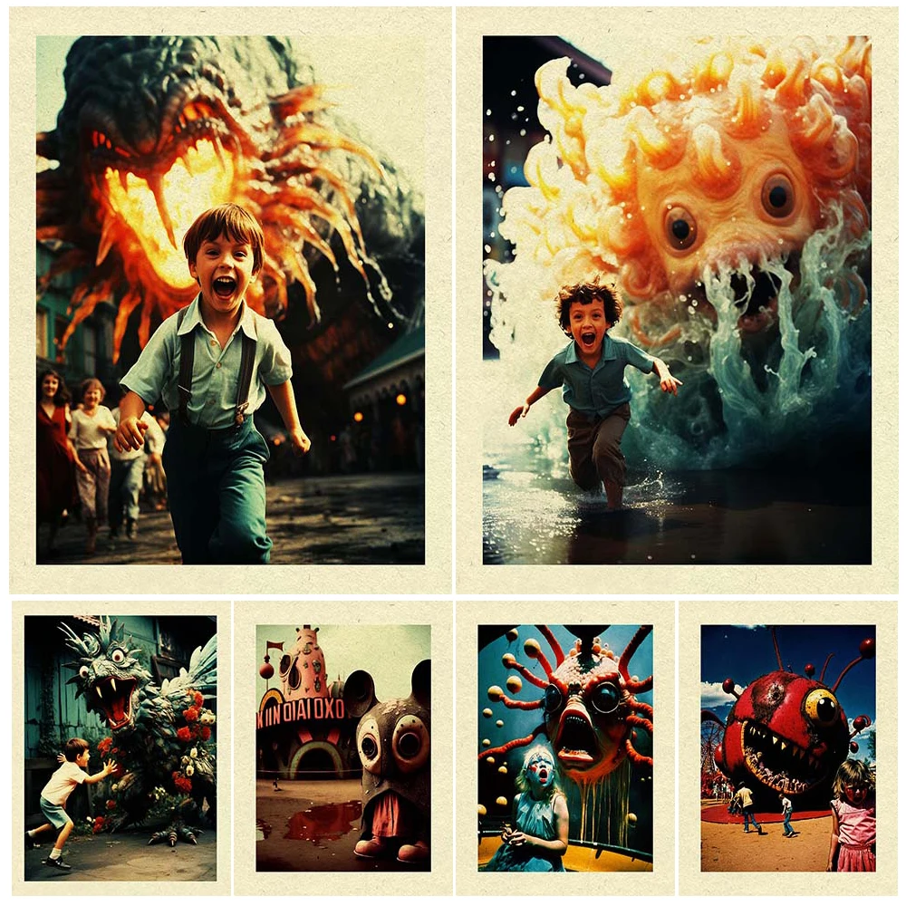 

Child Chased By Monster In Amusement Park,Vintage Wall Art Canvas Painting Screaming Kid Art Poster Print Home Decor Unframed