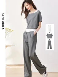 SENTUBILA 3 Piece Pant Sets Casual Sports Tracksuit Women 2024 Summer Home Suit Tank Top Crop T-Shirt Wide Leg Trouser 132Z48439