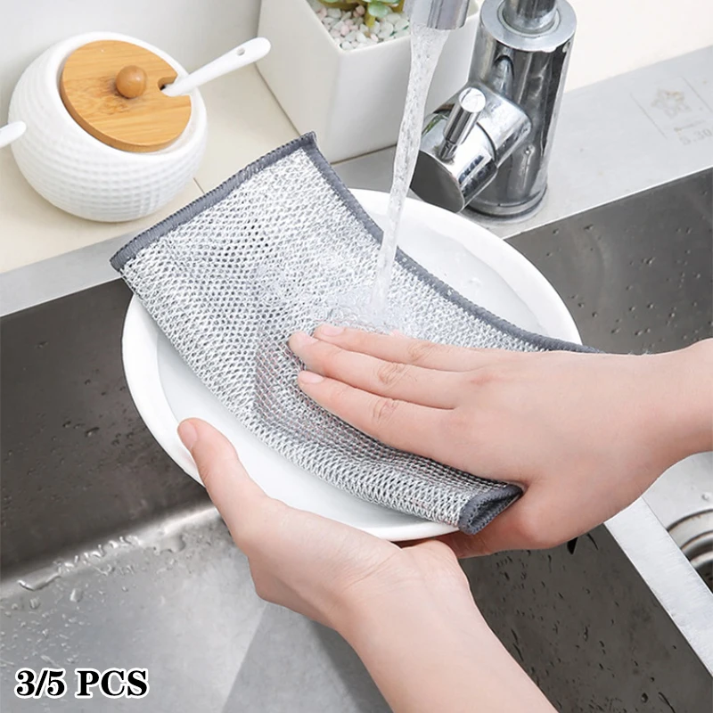 3/5PCS Steel Wire Dishcloths Oil Iron Dish Rack Kitchen Pan Pot Dishes Cleaning Rag Double -layer Napery Dishcloth Rags