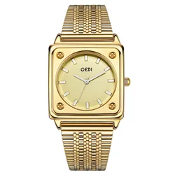 Fashion Gedi Top Brand Square Luxury Waterproof Gold Full Stainless Steel Quartz Minimalist Woman Casual Square Waterproof Watch