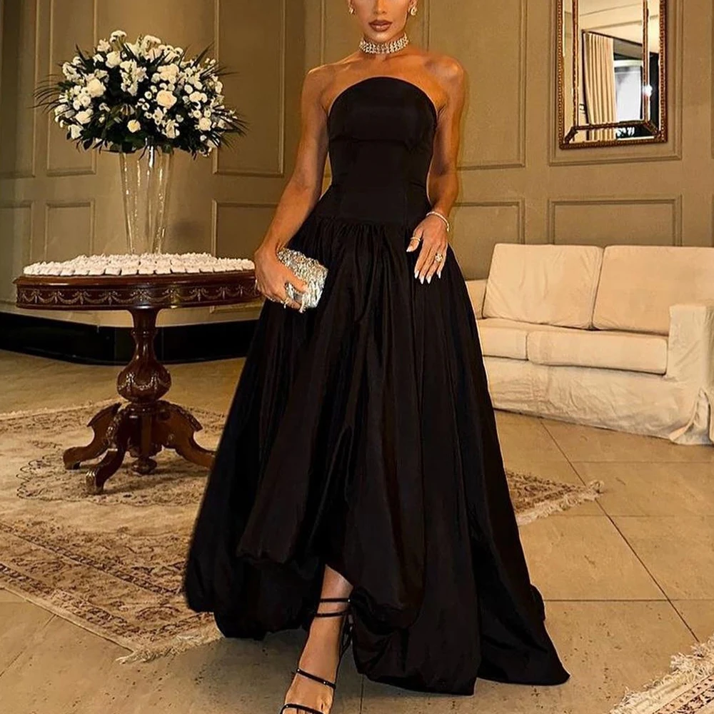 

Customized Satin A-Line Strapless Evening Dress Sleeveless Floor Length Black Panel Train Delicate Bespoke Occasion Gowns