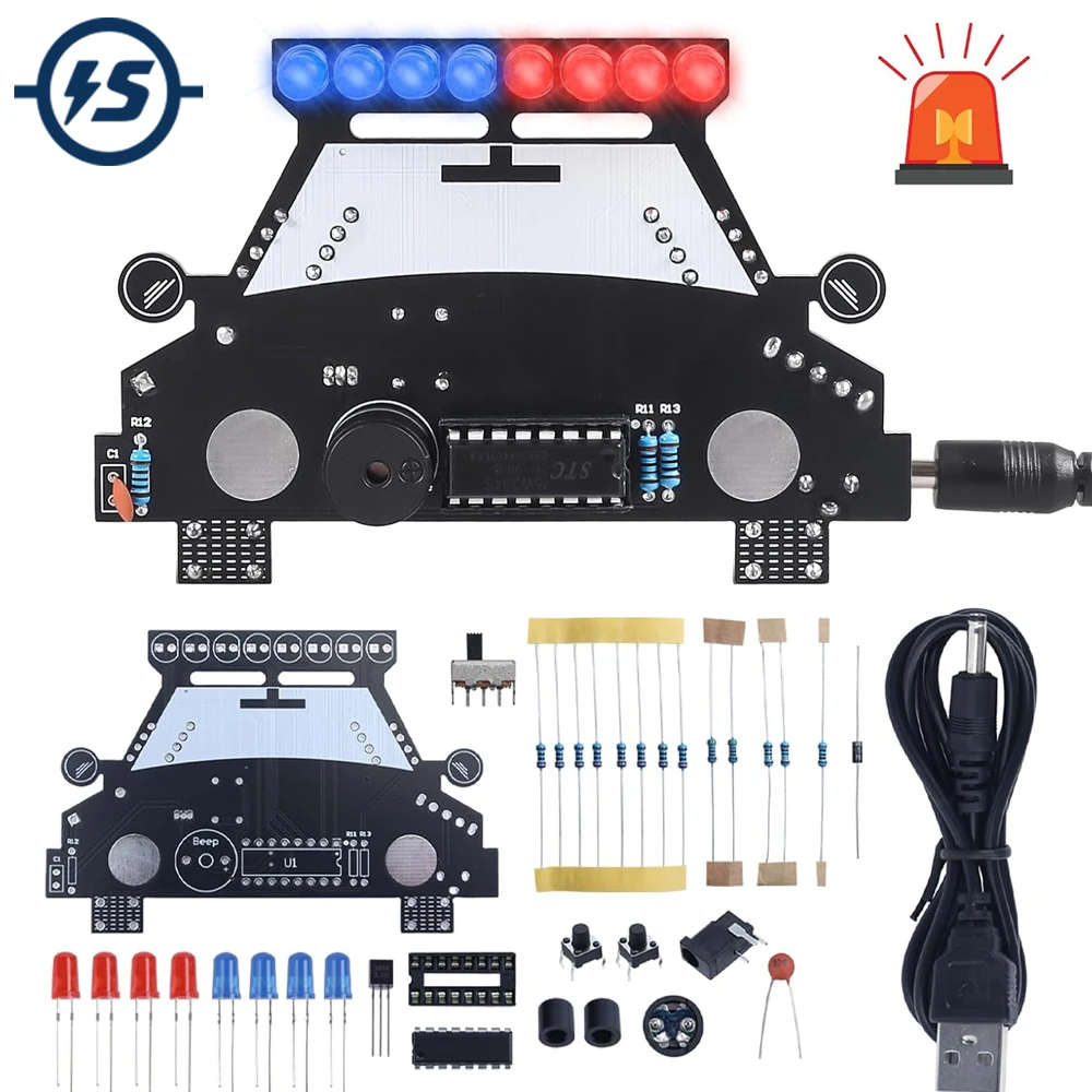 Soldering Practice kit DIY Electronic Car Kit Welding Project with 8 Red Blue LED 2 Flashing Speeds with Simulated Siren Sound