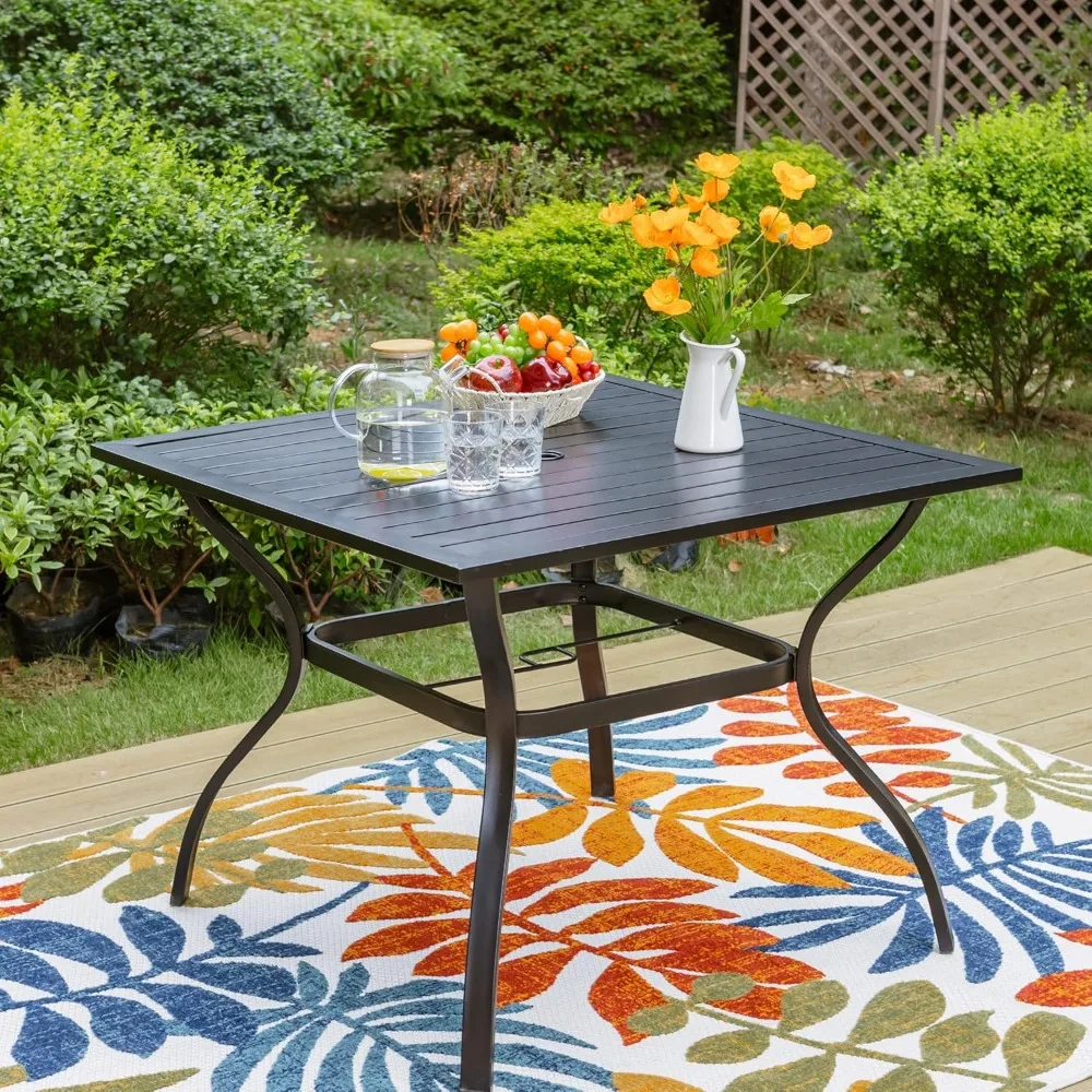 

Patio Table for 4, Metal Outdoor Dining Table with E-Coating, Square Steel Slated Outdoor Table with 1.57" Umbrella Hole