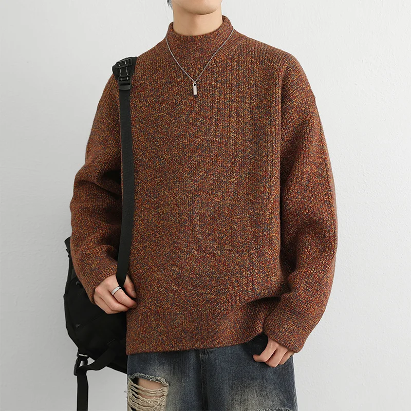 

Мужской вязаный свитер свободного кроя с высоким воротником, теплый, для повседневной носки зимой, из полиэфирного волокна, с длинными рукавами, круглый вырез горловины