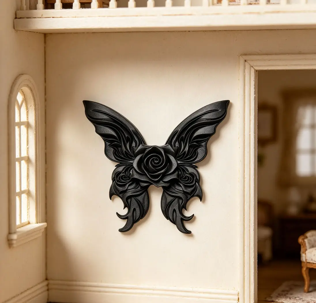 

Gothic Black Rose Butterfly Wall Decor, Miniature Ornament, Dark Aesthetic Wall Hanging for Dollhouse & Diorama Scene Layout