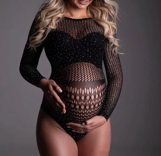 See Through Bodygestant Maternity Photography Props Bodysuit Full Sleeve Slash Neck Transparent Pregnant Woman Bodysuit Stretchy