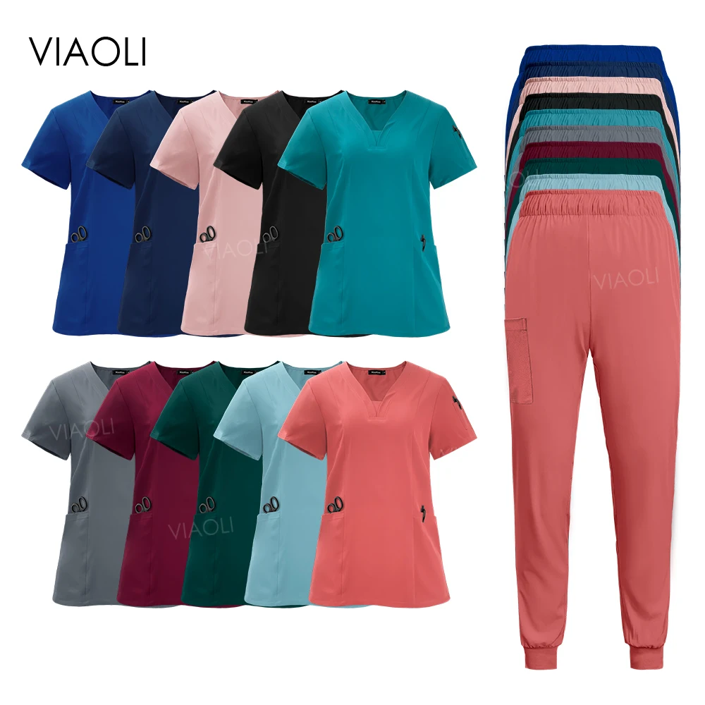 

Wholesale Hospital Doctor Uniforms Scrubs Pharmacy Medical Nurse Women Scrub Suit V-neck Solid Color Surgical Workwear Top+pants