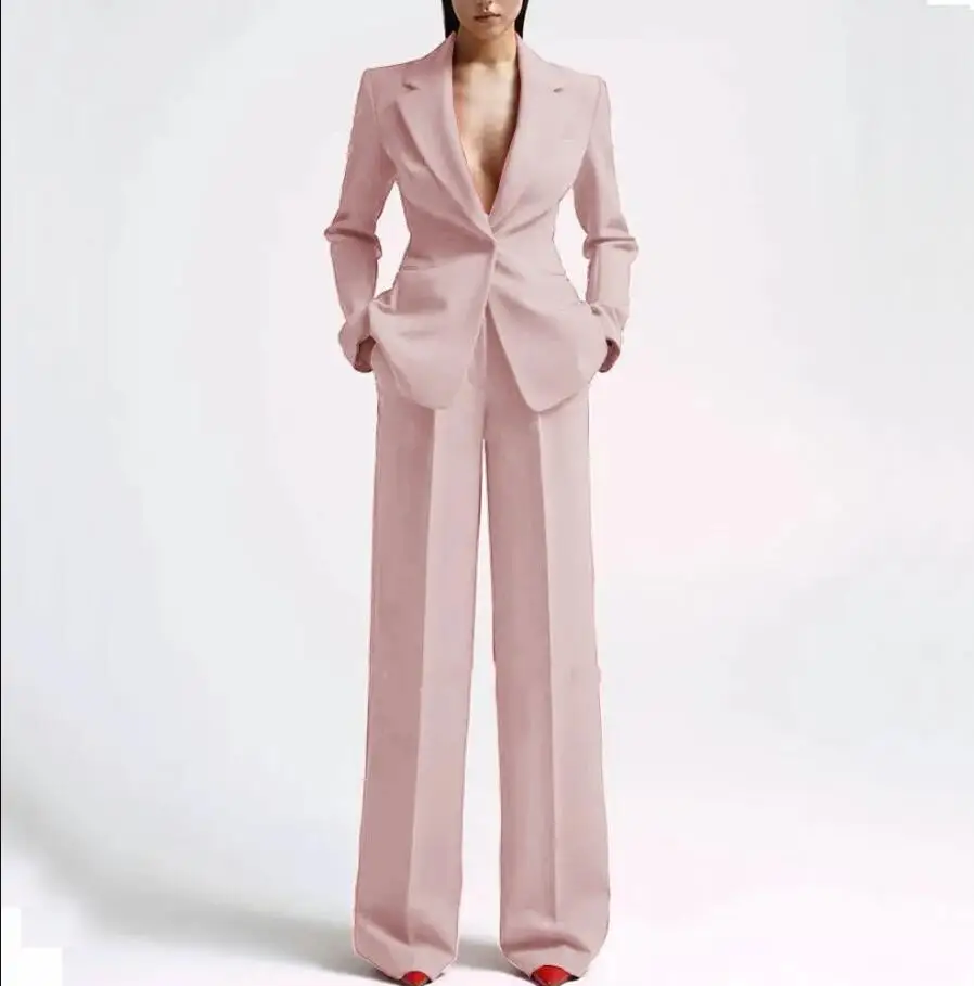 Tesco Single Button Blazer+Wide Leg Pants Suit Sets For Women Solid V Neck Loose Female Pantsuit Custom Made conjunto femininos