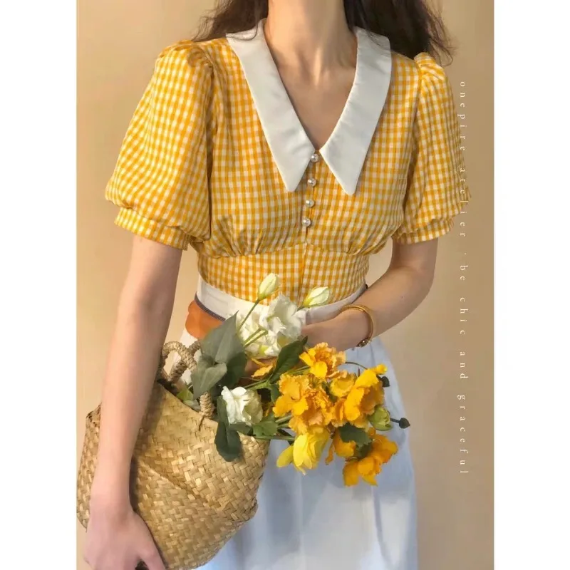 Cottagecore Crop Top Yellow Blouses Summer Kawaii Puff Sleeve Plaid Shirt Women Checkered French Retro Style 2023 Vintage