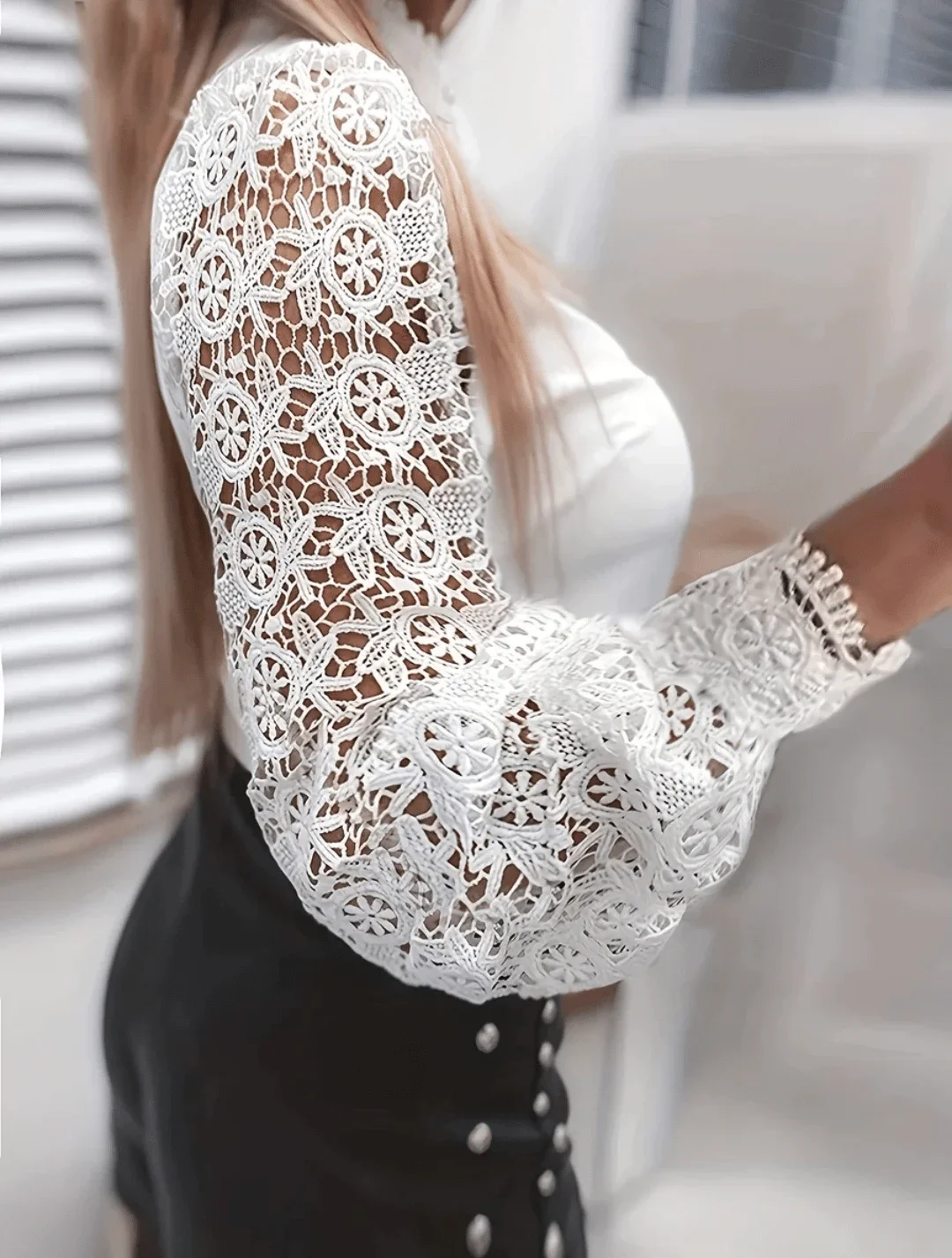 

Женская блузка с полым кружевным воротником-стойкой и длинными рукавами, винтажная, на пуговицах, элегантная, для делового и повседневного стиля