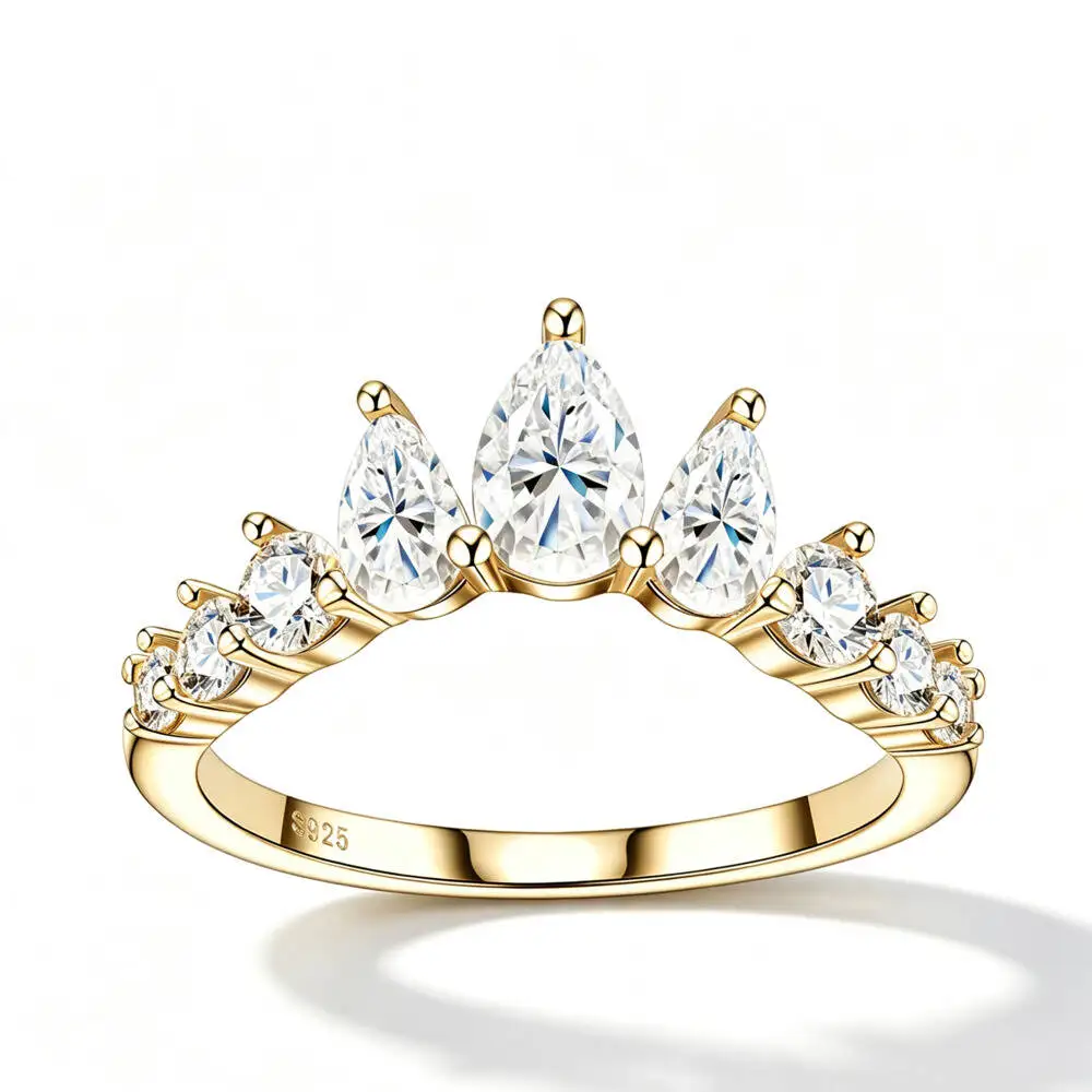 925 Sterling Silver Pear Cut Crown Tiara Ring D VVS1 Moissanite Multi Tone Princess Wedding Fine Jewelry For Women