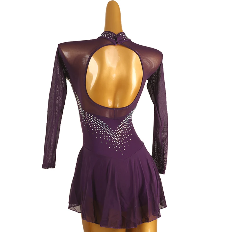 Vestito da pattinaggio artistico viola donna ragazza vestito da pattinaggio su ghiaccio Costume da ginnastica strass di cristallo personalizzato B098