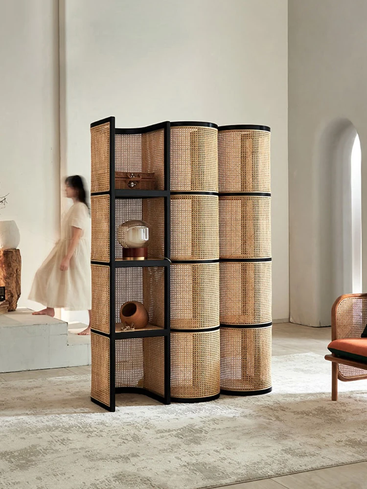 

rattan shelves, floor corner cabinets for household indoor partitions, Nordic retro wabi sandy multi-layer storage racks