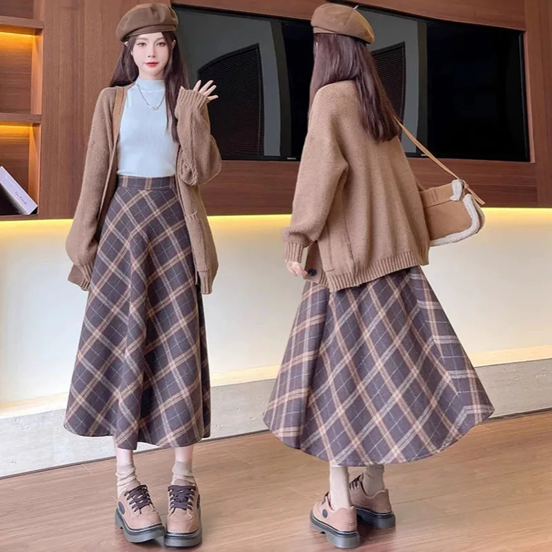 女性秋冬厚手ウールスカートヴィンテージブラウンハイウエストチェック柄スカート女性韓国ファッションストリートプリーツロングスカート