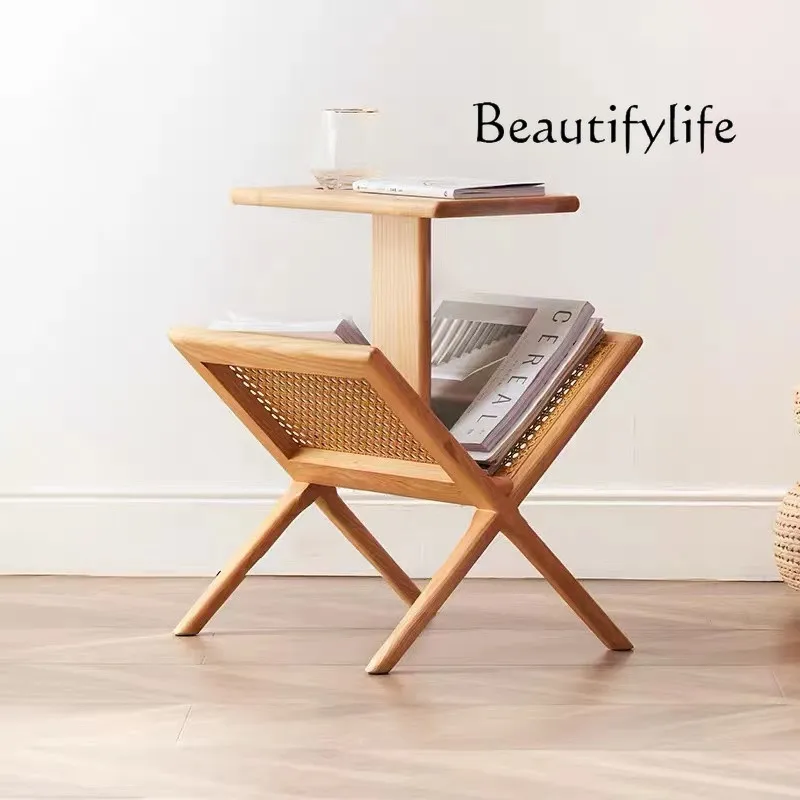 

Nordic rattan solid wood edge table household small coffee table living room sofa floor storage magazine book newspaper storage