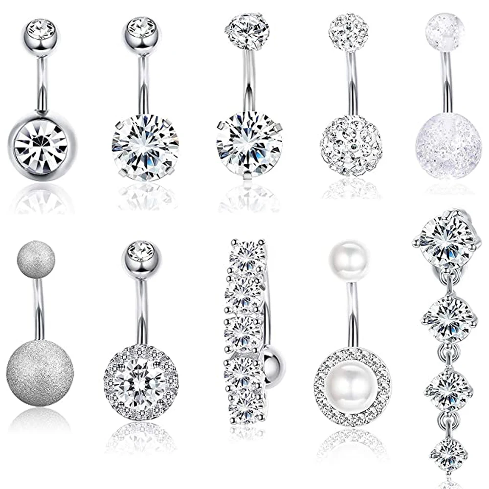 10 Style Belly Button Rings for Women Men Stainless Steel Navel Rings CZ Body Piercing Jewery 14G