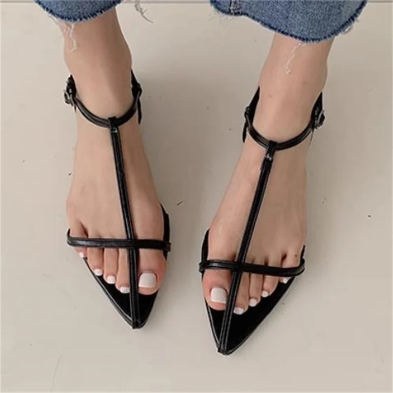 Crossover Straps Shoes for Womens Pointed Toes Ladies\' Low Heels Buckle Female Sandals Sewing Lines Chassure PU Leather Femme