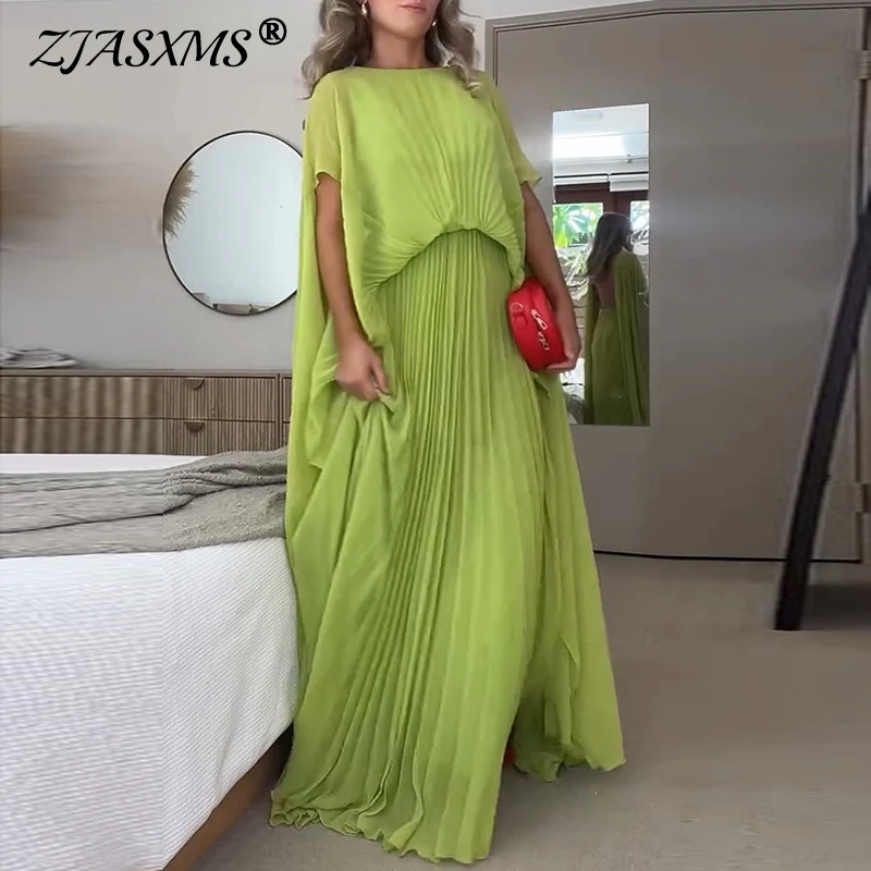 Spring Batwing Sleeve Hem Pleated Dresses Woman Sexy High Waist Solid Boho Long Dress Summer O Neck Backless Lace-up Party Dress