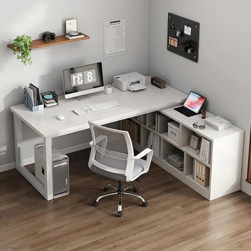 Modern L-Shaped White Office Desk Chair Set with Storage Cabinet Corner Writing Gaming Computer Desk with Chair Home Furniture