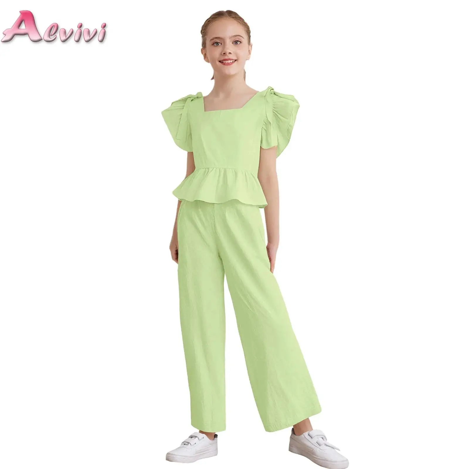 

Kids Girls 2-Piece Fashion Outfit Self-Tie Bowknot Peplum Top with Wide-Leg Pants Outfits Holiday Picnic Vacation Beach Costume