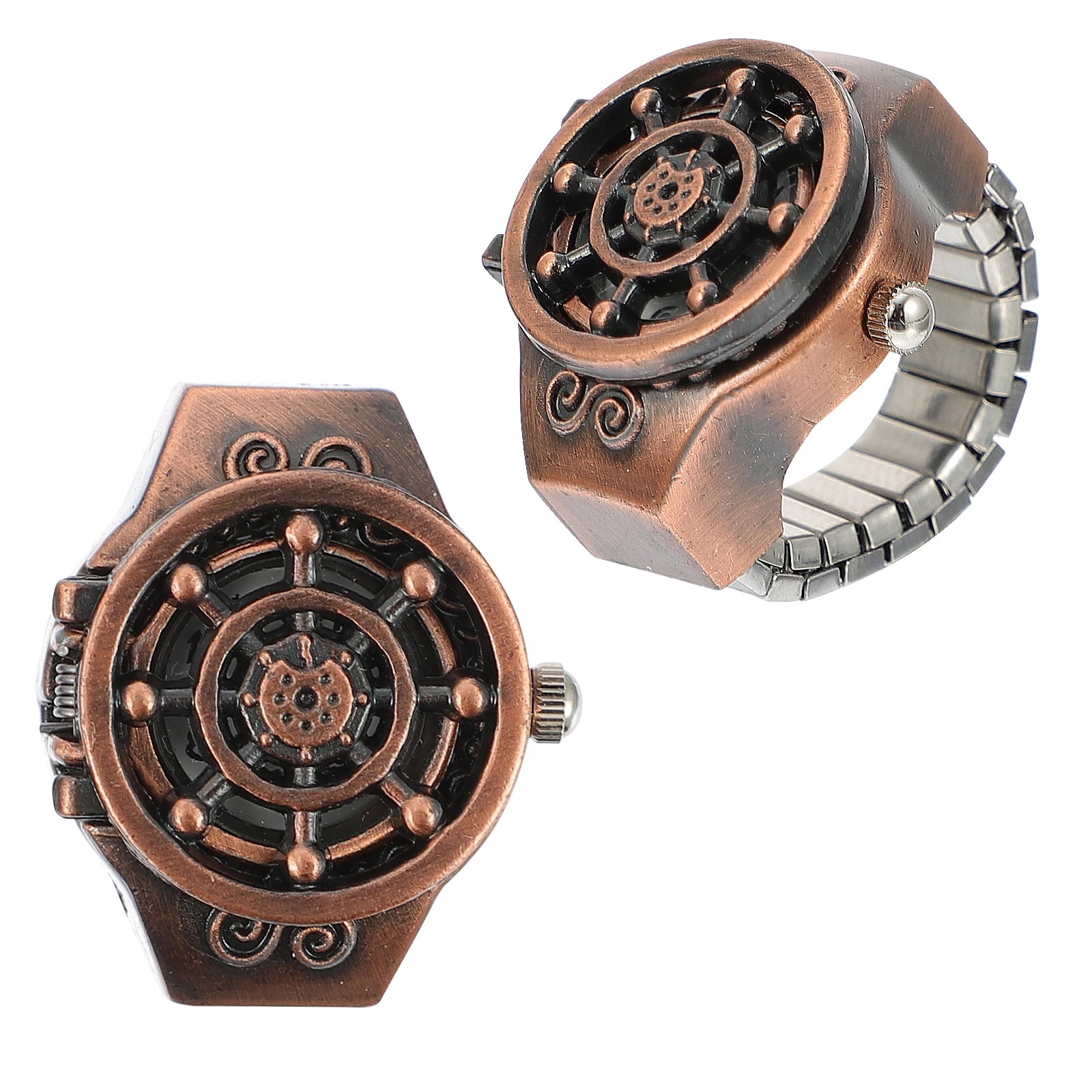 

2 Pcs Ship Wheel Ring Watch Fashionable Zinc Alloy Jewelry Decorative Watch For Women Men Long Service Life Quartz Watches