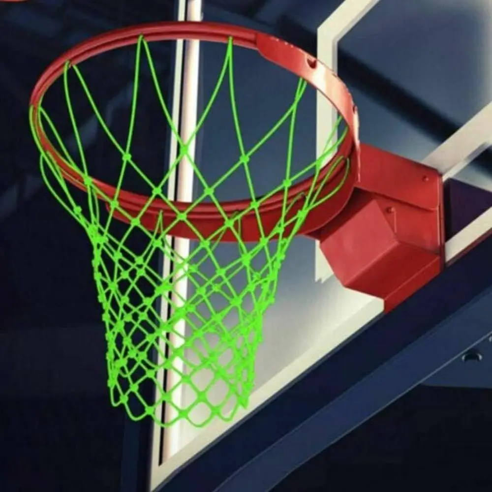 Rede de basquete com brilho de nylon, tamanho padrão, durável, luz noturna, rede de basquete luminosa, fácil de instalar, 12 laços