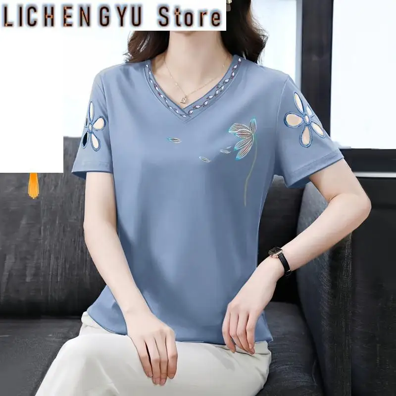 

Летняя женская одежда с коротким рукавом, пуловер с v-образным вырезом, шифоновая футболка с принтом растений и цветов, удобные современные минималистичные топы