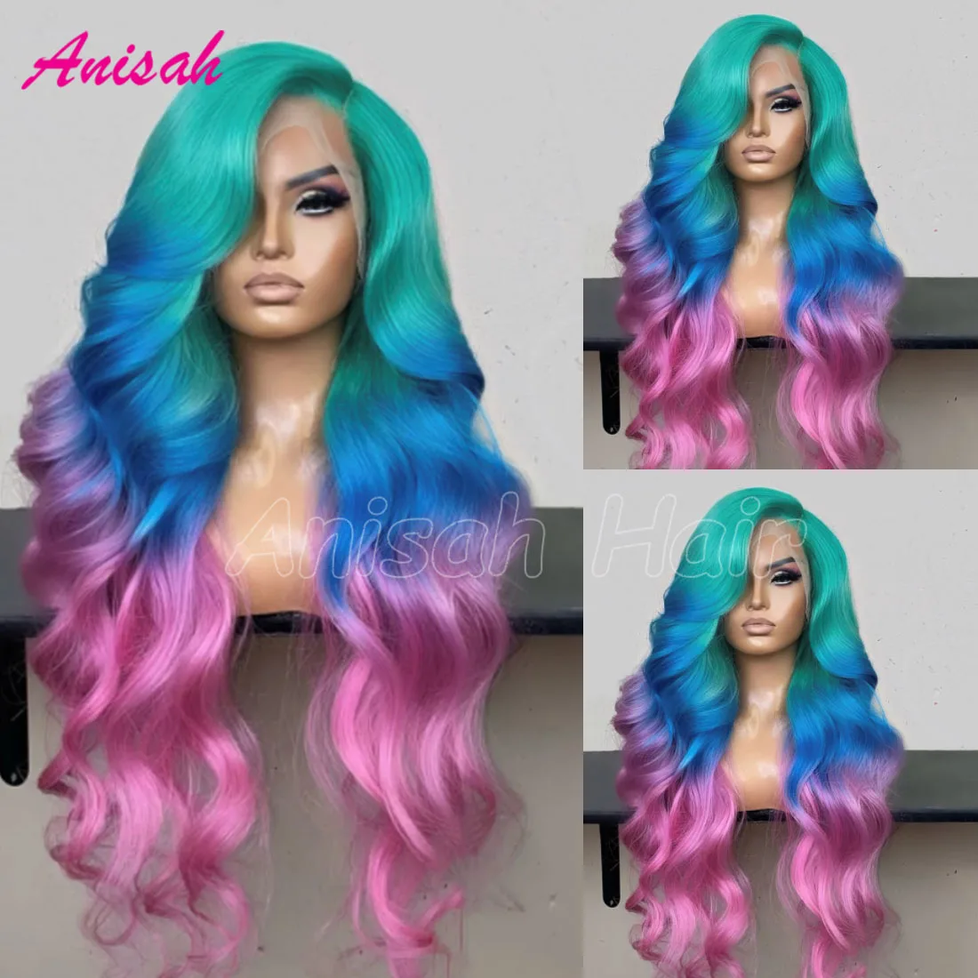 

Body Wave Human Hair Wig PrePlucked Ombre Blue Green Pink Colored 13x4 Lace Frontal Wigs For Women Colored 5x5 Lace Closure Wig