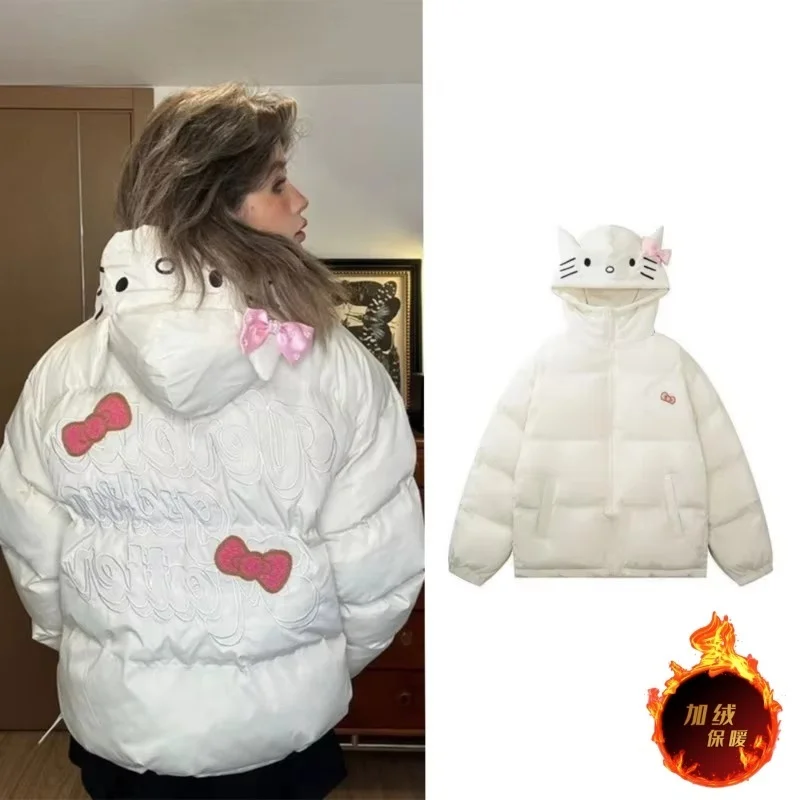 Sanrio Plus Size Hellokitty Y2k Cotton Coats Girls Kitty Ear Decor Kawaii Zipper Jacket Cute Cartoon Warm Hooded Coats For Women