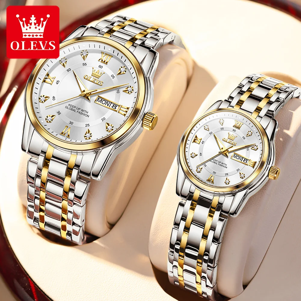 

OLEVS 5513, часы для пар, водонепроницаемые часы из нержавеющей стали с двойным календарем, модные кварцевые часы для мужчин и женщин, элегантные наручные часы для влюбленных
