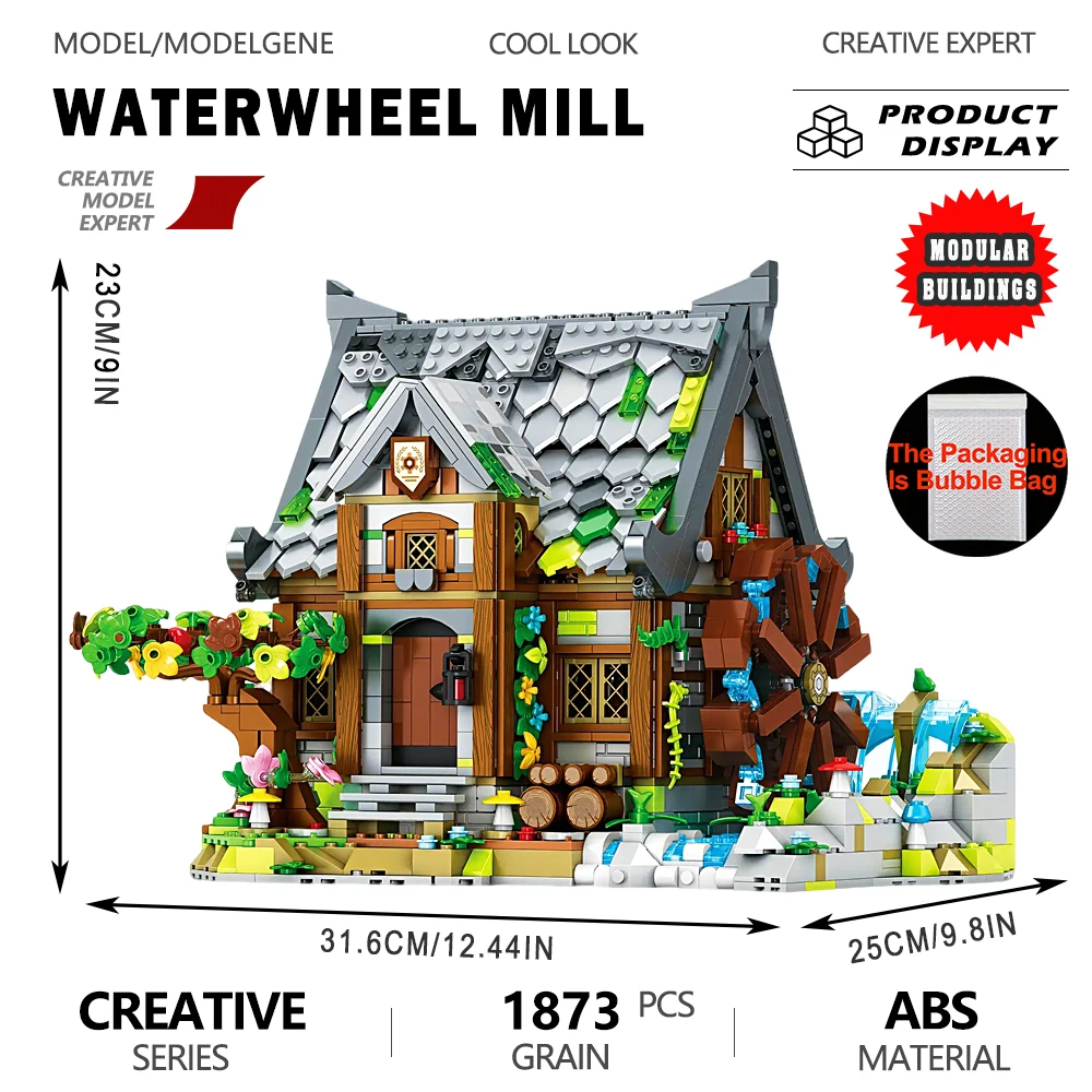 

European Street View Model Medieval Waterwheel Mill House Building Blocks Assembly Collectible Bricks Toy Christmas Gift For Kid