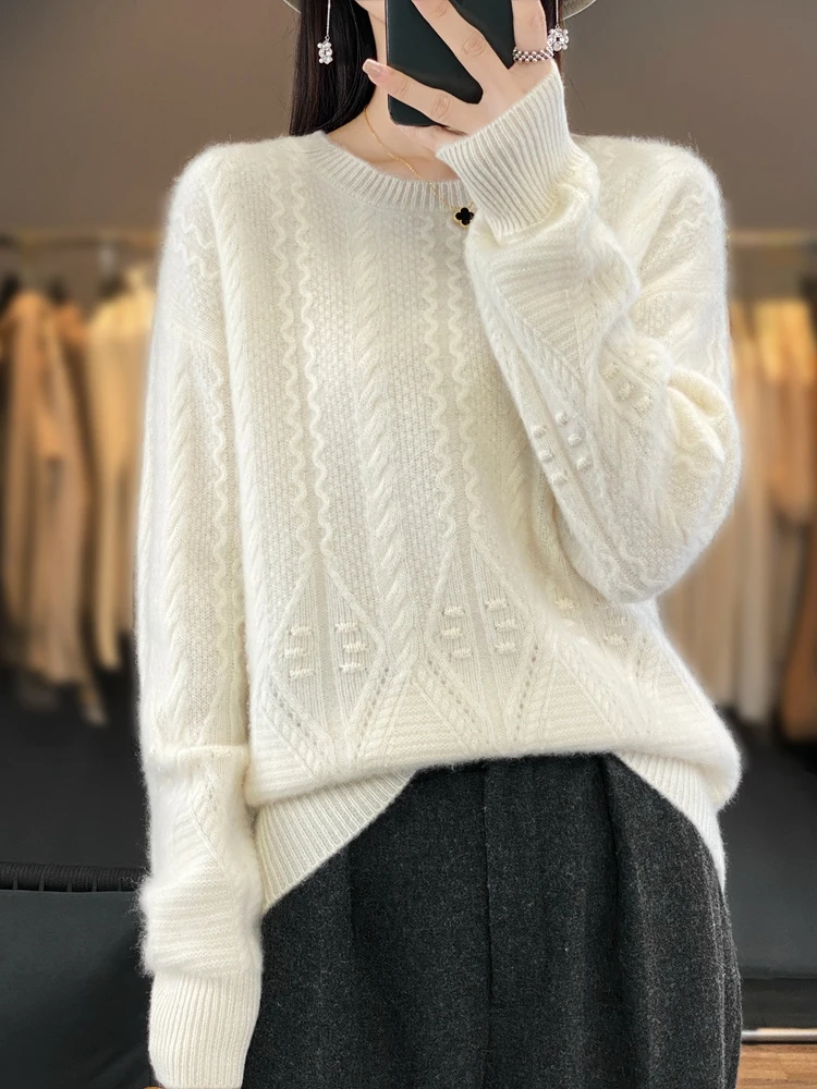 Women O-neck Twist Flower Pullover Autumn Winter 100% Merino Wool Sweater Thick Warm Basic Cashmere Knitwear Korean Fashion Tops