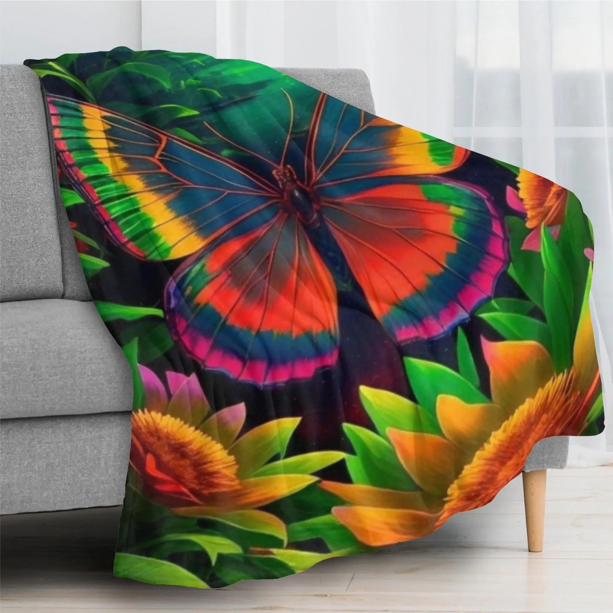 

Butterfly Flower Print Blanket Suitable for Sofas Beds Offices Travel Camping Chairs Warm Plush Woollen Blanket Valentine's Day