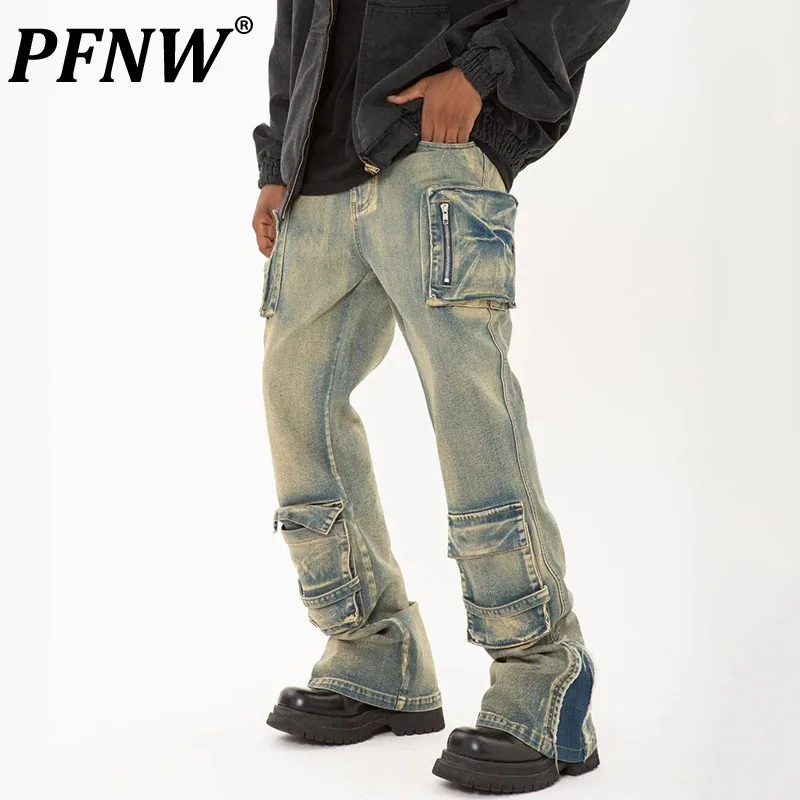 Pfnw American High Street Afval Bodemkleur Denim Werkbroek Voor Heren Losse Straight Design Sense Broek Sleepbroek Tij 12c572