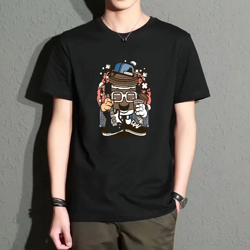 Mens Black Cartoon Coffee Cup T Shirt