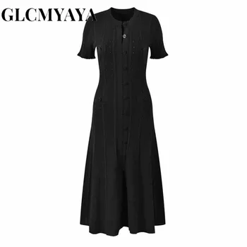 GLCMYAYA Women Single Breasted O-neck Short Sleeve Knit Ribbed Bodycon Midi Dress 2025 Vacation Sexy Party Club Vestidos Dresses 4