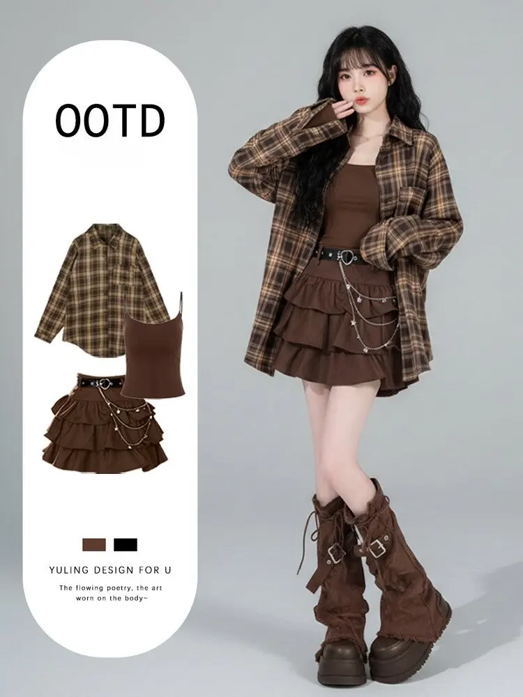 

Korean College Style Plaid Shirt And Half Skirt Brown Set Women's Spring Summer Fashion Cool Wind Two Piece Set High Waist ...
