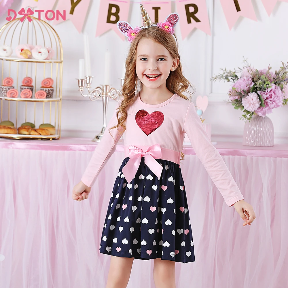 DXTON Girls Cotton Dress Kids Heart Design Sequins Dresses with Bow Knot Kids Casual Princess Dress Children Clothing 3-12 Yrs