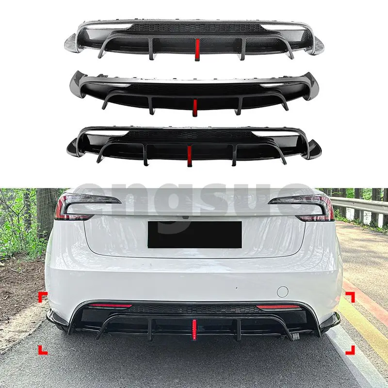 For Tesla Model 3 Highland 2024+ Glossy Black Rear Bumper Diffuser Carbon Fibern PP Material Rear Lip LED Pilot Light